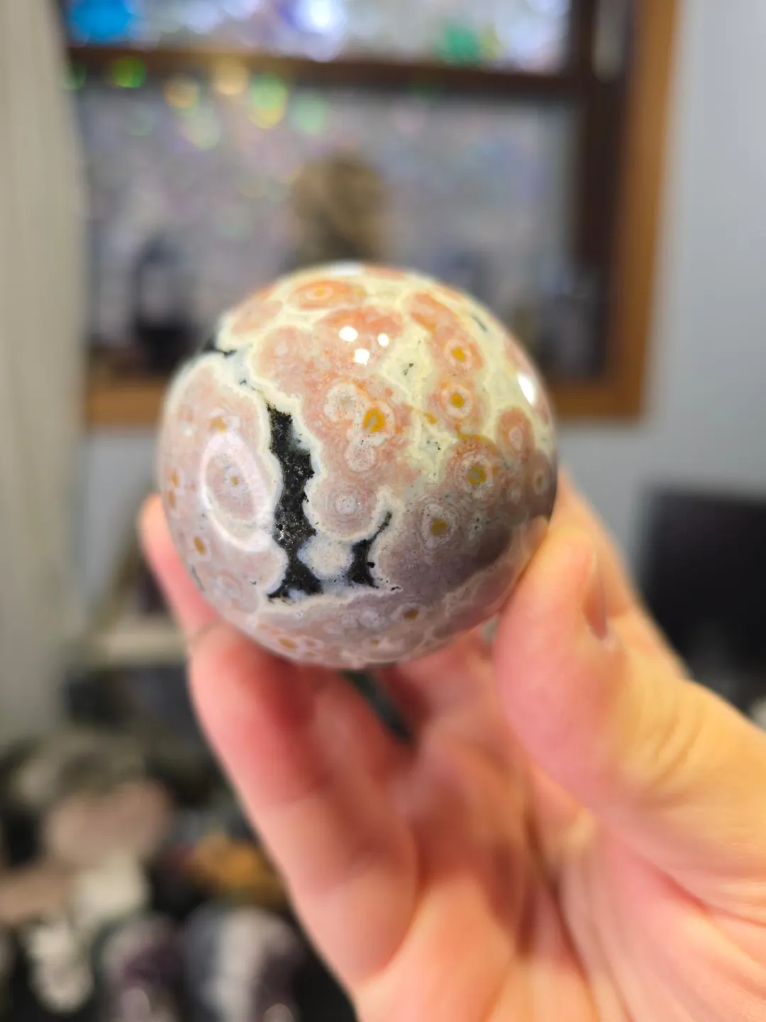 マダガスカル産 8th Vein オーシャンジャスパー スフィア直径約11センチ 8th vein Ocean Jasper sphere, 50mm ($270) from @RainbowBabyGems